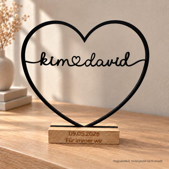 Personalisiertes Paar Geschenk – Herz Aufsteller mit Namen & Datum – Deko für Paare zum Jahrestag, Valentinstag oder zur Hochzeit