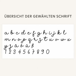 May include: A black cursive font display titled "&Uuml;BERSICHT DER GEW&Auml;HLTEN SCHRIFT" featuring the lowercase alphabet from a to x, followed by y, z, the German umlauts &auml;, &ouml;, &uuml;, the sharp s symbol &szlig;, and the numerals 1 through 9 and 0 in a script style.