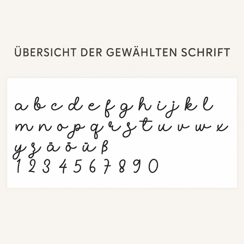 May include: A black cursive font display titled "&Uuml;BERSICHT DER GEW&Auml;HLTEN SCHRIFT" featuring the lowercase alphabet from a to x, followed by y, z, the German umlauts &auml;, &ouml;, &uuml;, the sharp s symbol &szlig;, and the numerals 1 through 9 and 0 in a script style.