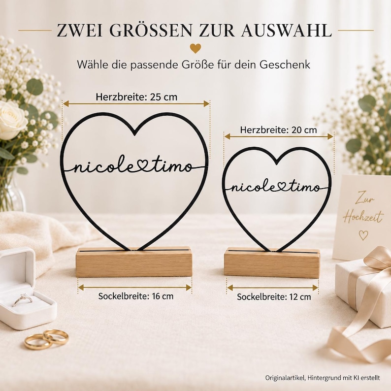 May include: Two black heart-shaped wire sculptures with the text nicole and timo connected by a heart symbol. Each heart sits on a rectangular wooden base. The larger heart is 25 cm wide with a 16 cm base, and the smaller is 20 cm wide with a 12 cm base.