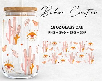 Boho Cactus Glass Cup  Svg | Boho Evil Eye Libbey Glass Can Wrap Bundle | Svg Files for Cricut & Silhouette Cameo | Glassware svg