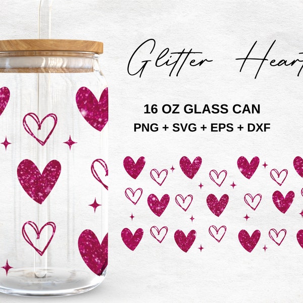Pink Glittered Hearts  16oz Glass Can svg, Libbey Glass Can Wrap, svg Files for Cricut & Silhouette Cameo, Glassware svg