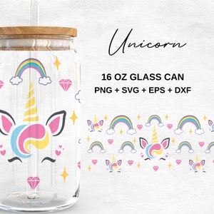 Einhorn Gesicht 16 Unzen Glasdosen SVG, Rainbow Libbey Glasdosen Wrap, SVG-Dateien für Cricut & Silhouette Cameo, Glaswaren svg