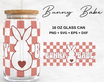 Bunny Babe Checkered 16oz Glass Can Svg | Happy Easter Libbey Glass Can Wrap | Easter Bunny Glass Can Wrap | Svg Files for Cricut