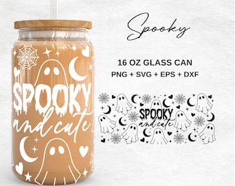 Spooky and Cute  16oz Glass Can Svg | Halloween Ghost Libbey Glass Can Wrap  | Svg Files for Cricut & Silhouette Cameo | Glassware svg