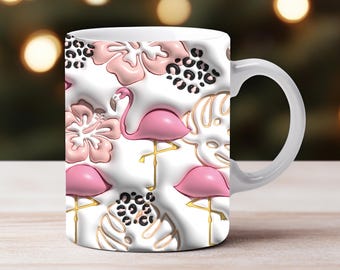 3D Flamingo Inflated Mug Wrap | 11oz 15oz Tropical Mug Design | 3D Puff Monstera Leaves Mug Wrap Sublimation Design