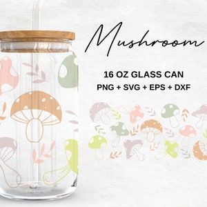 Pastel Colored Mushrooms 16oz Glass Can Svg  , Mushroom Libbey Glass Can Wrap, Cottagecore Libbey Glass Wrap , Svg Files for Cricut