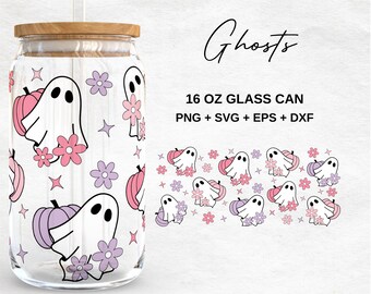 Halloween Ghost Glass Cup Svg | Pumpkin and Ghost 16Oz Libbey Glass Can Wrap  | Svg Files for Cricut & Silhouette Cameo | Glassware svg