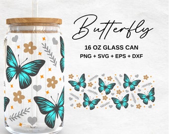 Blue Butterflies 16oz Glass Can Svg | Boho Butterfly Glass Can Wrap | Flowers and Leaves Glass Can Wrap | Svg Files for Cricut