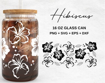 Hibiscus Flower 16Oz Glass Can Wrap | Tropical Libbey Glass Cup |  Svg Files for Cricut | Summer Lover Glass Wrap | Glassware Svg