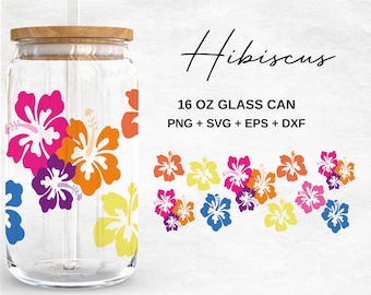 Hawaiian Hibiscus - 16oz Glass Can svg, Libbey Glass Can Wrap, svg Files for Cricut & Silhouette Cameo, Glassware svg