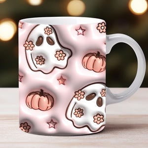 3D Halloween Ghost Inflated Mug Wrap | 11oz 15oz Floral GhostUnique Mug Design | 3D Puff Halloween Mug Wrap Sublimation Design