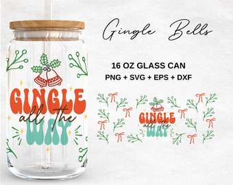 Jingle All the Way - 16oz Glass Can svg, Libbey Glass Can Wrap, svg Files for Cricut & Silhouette Cameo, Glassware svg