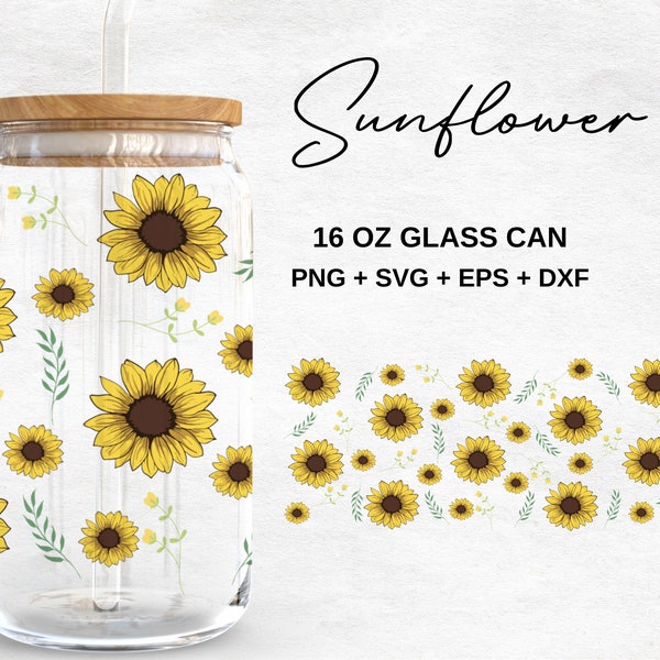 Sunflower 16oz Glass Can Svg, Sunflower Libbey Glass Can Wrap, Floral Libbey Wrap, Svg Files for Cricut, Glassware Svg