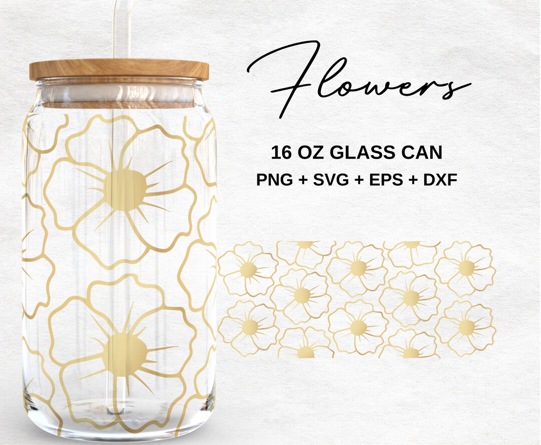 Gold Flowers 16oz Glass Can Svg | Flower Pattern Libbey Glass Can Wrap ...