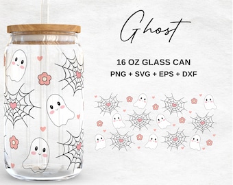 Halloween Ghost 16oz Glass Can Wrap PNG | Spider WebCup Wrap |  Spooky Cute Glass Tumbler Cup Wrap | Drinkware |Svg  Files for Cricut