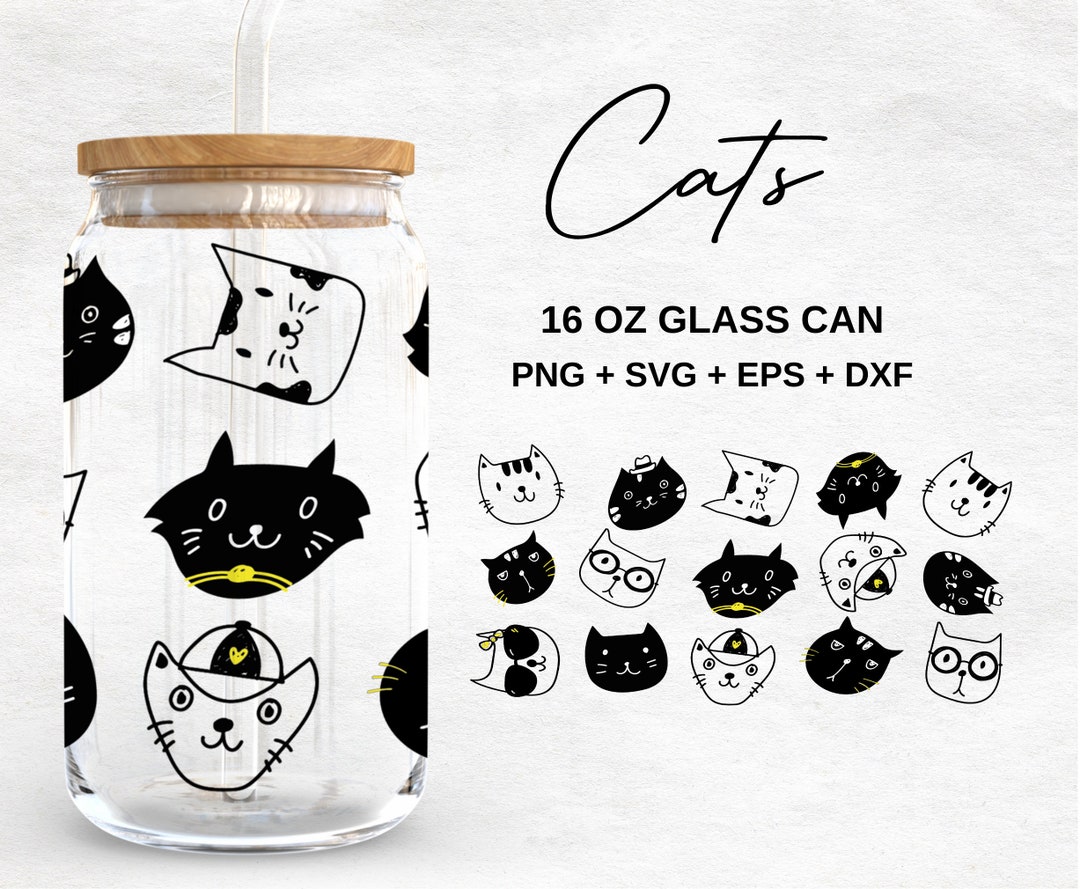 Cat Faces 16oz Glass Can Svg , Cute Cats Libbey Glass Can Wrap, Cat Mom ...