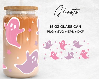 Cute Ghosts Glass Cup Svg | Halloween Ghosts 16Oz Libbey Glass Can Wrap  | Svg Files for Cricut & Silhouette Cameo | Glassware svg
