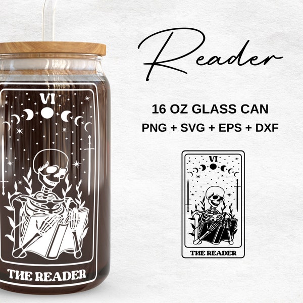 De Reader Tarot Card 16oz glas kan Svg | Boekenliefhebber skelet Libbey glazen blik | Boeken en koffieglasverpakking | Svg-bestanden voor Cricut