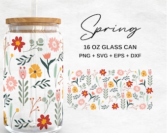 Spring Flowers 16oz Glass Can Svg | Hello Spring Glass Can Wrap | Floral Glass Can Wrap | Svg Files for Cricut