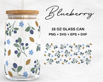 Blueberry 16oz Glass Can Svg, Blueberry Leaves Libbey Glass Can, Fruit Libbey Wrap,  Svg Files for Cricut, Glassware Svg