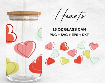 Valentine's Day Hearts 16oz Glass Can Svg  ,Valentine Libbey Glass Can Wrap  ,Love Libbey Glass Wrap , Svg Files for Cricut , Glassware Svg