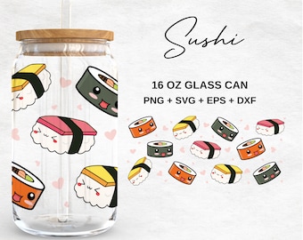 Kawaii Sushi 16oz Glass Can Svg, Kawaii Libbey Glass Can, Kawaii Food Libbey Wrap, Svg Files for Cricut, Glassware Svg