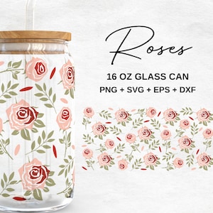 バラ 16 オンス ガラス缶 SVG | シームレスなバラ柄ガラス缶ラップ | 花柄ガラス缶ラップ | Cricut 用 SVG ファイル