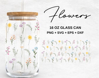 Colorful Wild Flowers 16oz Glass Can Svg, Floral Libbey Glass Can Wrap, Flowers and Leaves Libbey Wrap, Svg Files for Cricut, Glassware Svg