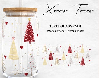 Christmas Trees Rainbow Glass Cup Svg | Pine Trees 16Oz Libbey Glass Can Wrap | Svg Files for Cricut & Silhouette Cameo | Glassware svg