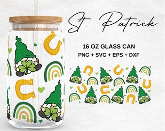 Gnomo del Día de San Patricio 16oz Glass Can Svg, Gnomos irlandeses Libbey Glass Can, Trébol y Herradura Wrap, Archivos Svg para Cricut, Cristalería Svg