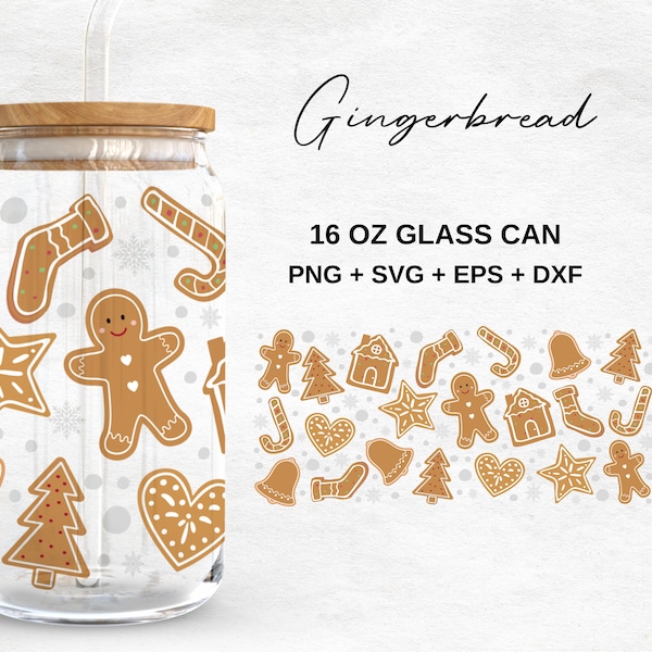 Christmas Gingerbread - 16oz Glass Can svg, Libbey Glass Can Wrap, svg Files for Cricut & Silhouette Cameo, Glassware svg