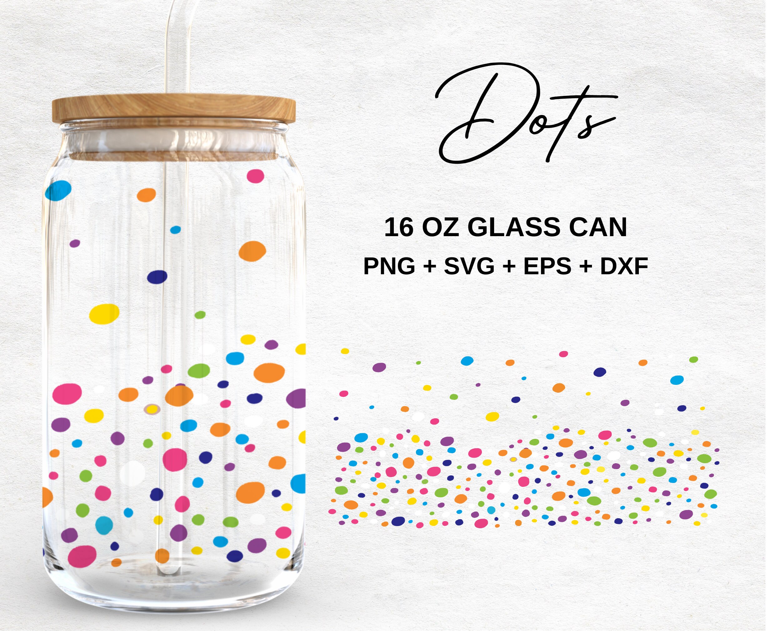Coloreful Polka Dots 16oz Glass Can Svg, Polka Dot Libbey Glass Can