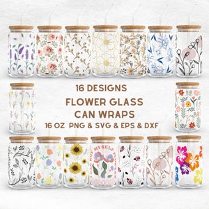 Flower  Glass Can Bundle | Wild Flowers 16Oz Libbey Glass Can Wrap  | Svg Files for Cricut & Silhouette Cameo | Glassware svg