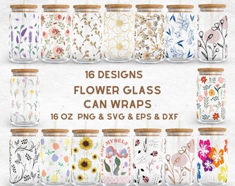 Bloemglas kan bundelen | Wilde bloemen 16Oz Libbey glas kan verpakken | Svg-bestanden voor Cricut & Silhouette Cameo | Glaswerk-svg