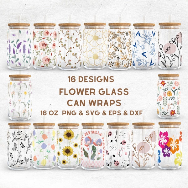 Lot de canettes en verre fleuries | Emballage pour canette en verre Libbey de 16 oz Wild Flowers | Fichiers Svg pour Cricut & Silhouette Cameo | Verres svg