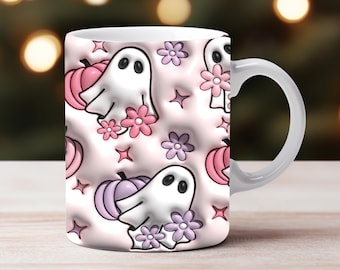 3D Floral Ghost Inflated Mug Wrap PNG | 11oz 15oz Halloween Mug Design | 3D Pumpkin Mug Wrap Sublimation Design | Spooky Puff Mug Wrap