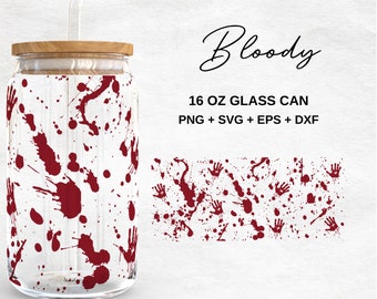 Bloody Handprint 16oz Glass Can Wrap PNG | Blood Splatter Glass Cup Wrap | Halloween Glass Tumbler Cup Wrap | Svg  Files for Cricut