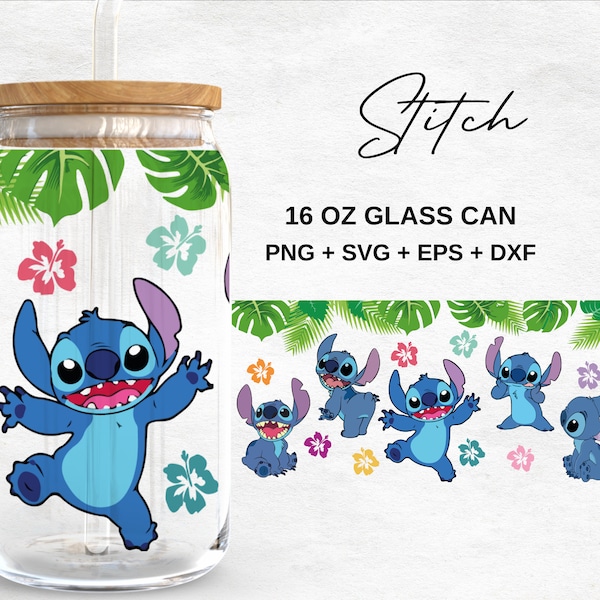 Stitch 16oz Glass Can svg, Ohana Means Family Libbey Glass Can Wrap, svg Files for Cricut & Silhouette Cameo, Glassware svg