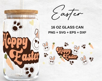 Hoppy Easter 16oz Glass Can SVG / Cara sonriente con orejas de conejo Libbey Glass Can Wrap / Happy Easter Glass Can Wrap / Archivos SVG para Cricut