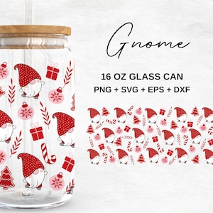 Christmas Gnome - 16oz Glass Can svg, Libbey Glass Can Wrap, svg Files for Cricut & Silhouette Cameo, Glassware svg
