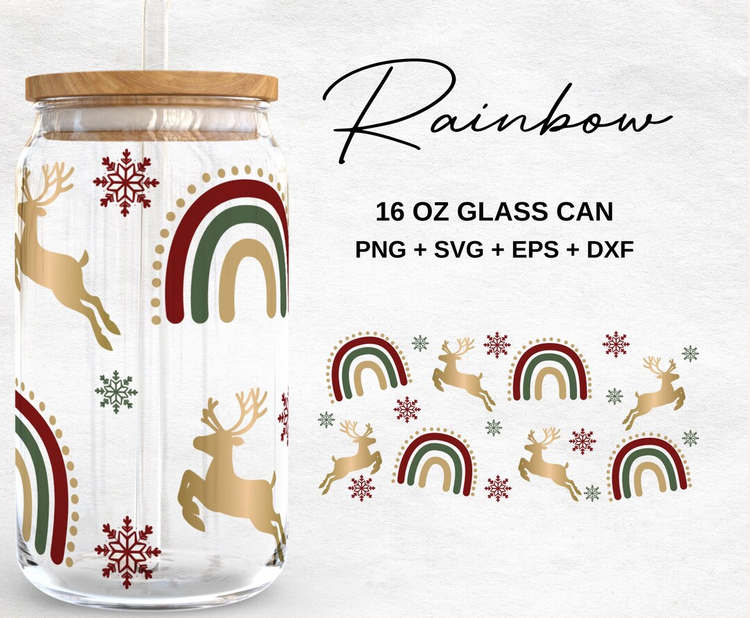 Christmas Boho Rainbow Glass Cup Svg | Reindeer 16oz Libbey Glass Can ...