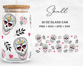 Mexican Sugar Skull 16oz Glass Can Wrap PNG | Halloween Glass Cup Wrap | Spooky Glass Tumbler Cup Wrap | Drinkware |Svg  Files for Cricut