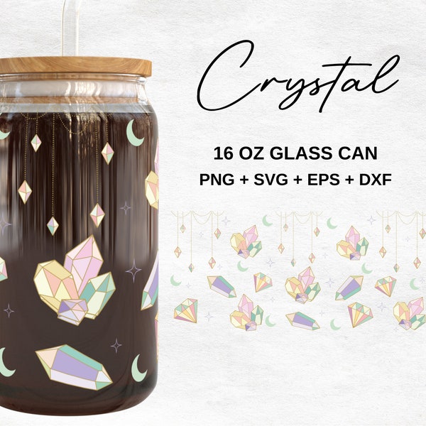 Crystal 16oz Glass Can Svg | Crystals and Moon Libbey Glass Can | Diamond Wrap |  Crystal Svg |  Svg Files for Cricut | Glassware Svg