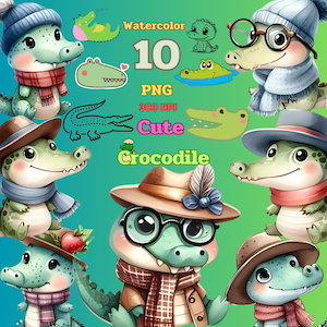 Coole Krokodil Kollektion: 10 PNG Niedliche Krokodile mit Hut Clipart - Entzückende Reptil Grafiken für Kunsthandwerk, Kinderprojekte und mehr!