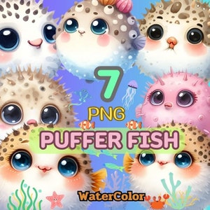Aquarell niedliche Kugelfisch Clipart, Set mit 7 PNGs