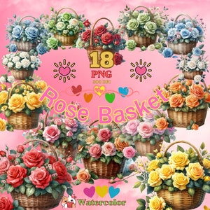 Elegancia floreciente: 18 imágenes prediseñadas de flores de cesta de rosas PNG - ¡Gráficos florales románticos para manualidades, invitaciones de boda y mucho más!
