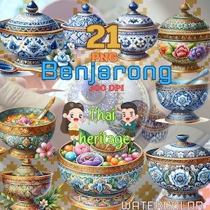 Thai Heritage Benjarong: 21 keramische png-afbeeldingen - traditionele Thaise keramische kunst voor ambachten, culturele projecten en meer