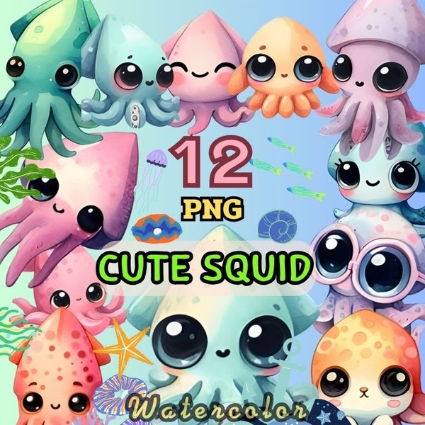 Cute Squid Watercolor PNG Set - 12 High-Resolution Clipart Images for DIY Projects