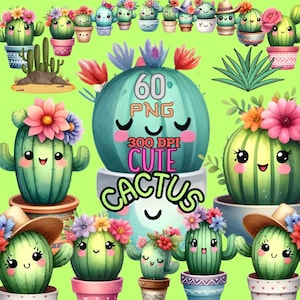 Paquete Cactus Cuties: 60 adorables imágenes prediseñadas PNG: caprichosos gráficos del desierto para manualidades, álbumes de recortes y mucho más. Alta calidad